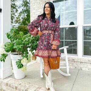 FATE Navy floral print belted mini dress